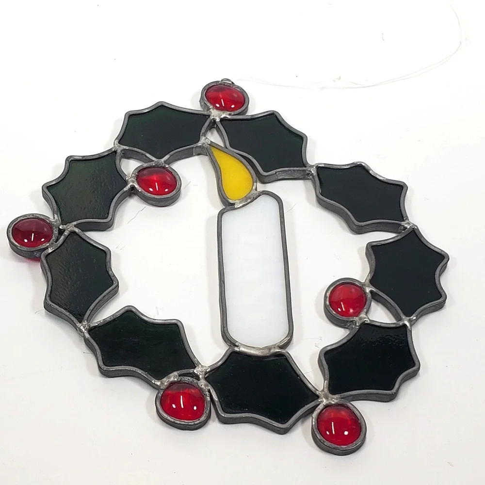 Stained Glass Christmas Candle In Wreath Suncatcher 7 1/2